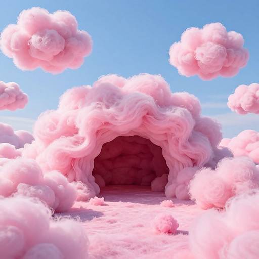 Photorealistic CGI of a pink, fluffy cloud archway against a bright blue sky, with additional pink clouds floating around.