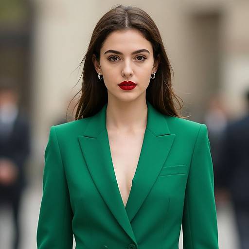 Photograph of a serious, fair-skinned woman with long brown hair, red lipstick, and green blazer, standing in a blurred urban background.