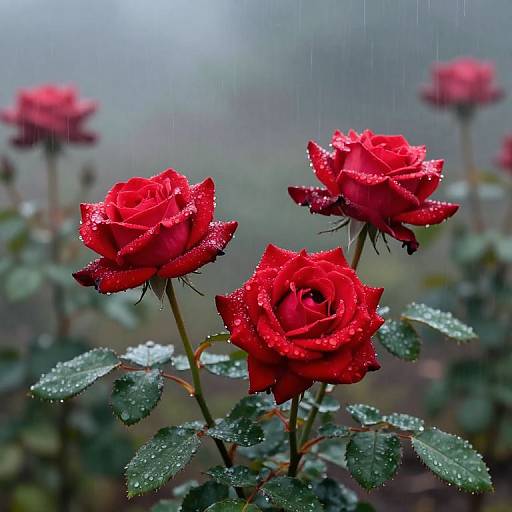 Vibrant Red Rose in Misty Rain