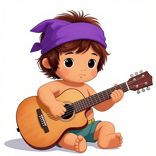 Digital illustration of a chubby, shirtless toddler with brown hair, wearing a purple headband, playing an acoustic guitar, sitting barefoot.