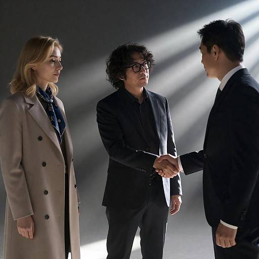 Business handshake in dimly lit room