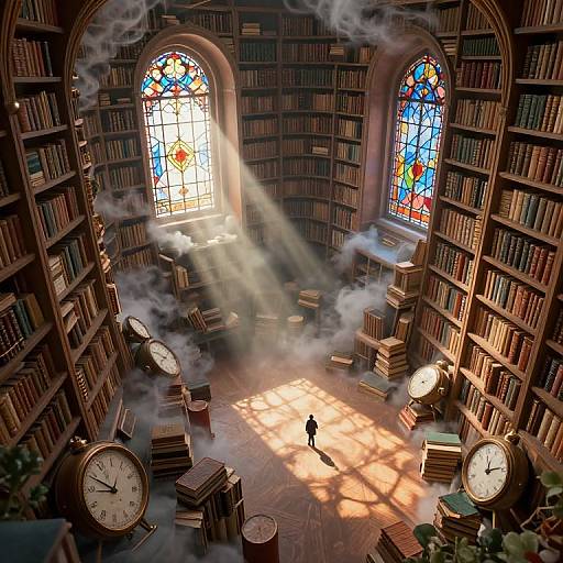 Photograph-like digital artwork of a grand library with sunbeams, smoke, stained glass windows, towering bookshelves, large clocks, and a