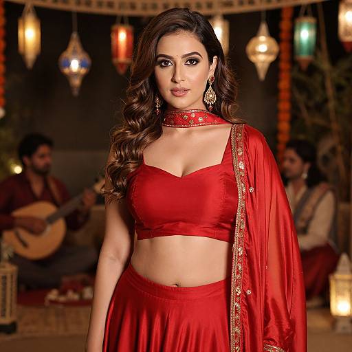 Photograph of a beautiful Indian woman with long brown hair, wearing a red traditional outfit with gold embroidery, standing in a warmly lit, festive background with