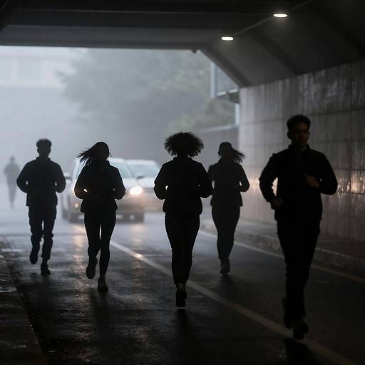 Urban Tunnel Escape: Foggy Silhouettes