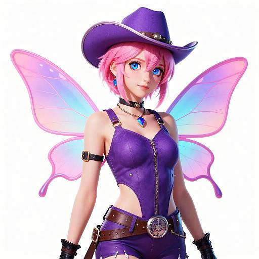 Digital anime-style drawing of a pink-haired fairy woman in a purple cowboy hat, bodysuit, and belt, with glowing butterfly wings.