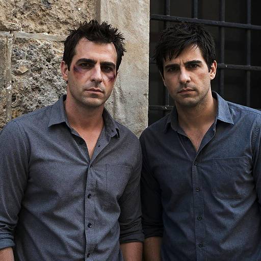 Two Serious Men Against Stone Wall