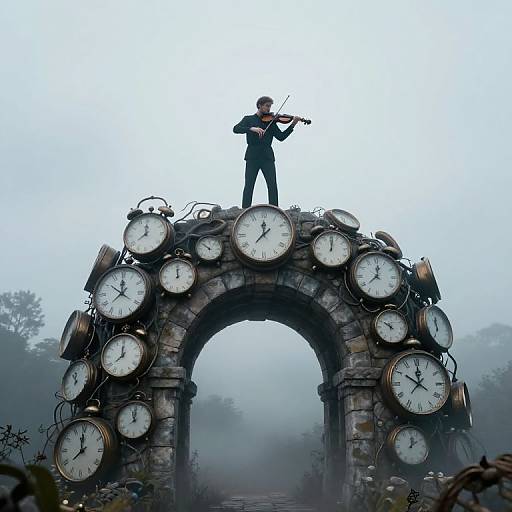 Photograph of a man in a black suit standing on a stone arch adorned with 24 large clocks, playing a violin in a foggy, mist
