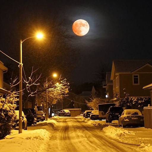 Photograph of a snow-covered suburban street at night, illuminated by streetlights, with a full red moon in the dark sky. Cars and houses are