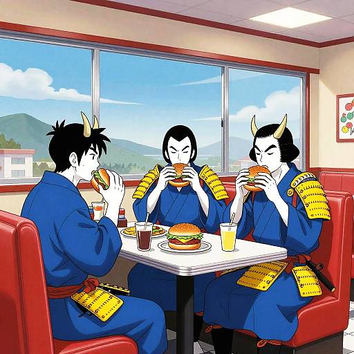 Digital illustration of three samurai with yellow armor, blue robes, and black hair eating burgers in a diner with red booths.