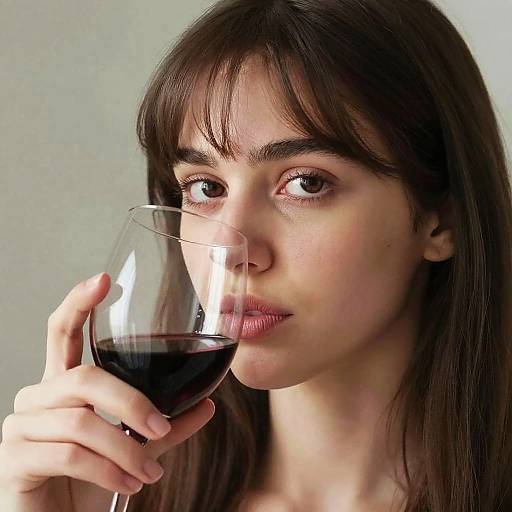 Photograph of a young woman with fair skin, dark brown hair, and bangs, holding a glass of red wine to her lips, with a