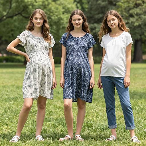 Photograph of three young girls standing on a grassy field, each wearing different outfits: white floral dress, blue patterned dress, white top and