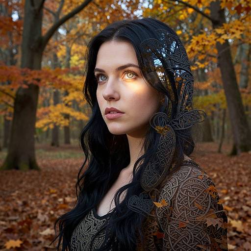 Photograph of a pale-skinned woman with long, wavy black hair, wearing an intricate black lace headpiece and brown top, standing in an