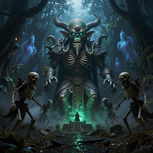 Digital artwork of a dark forest with a massive, horned, glowing-eyed demon at center, surrounded by skeletal warriors and ethereal blue spirits, with