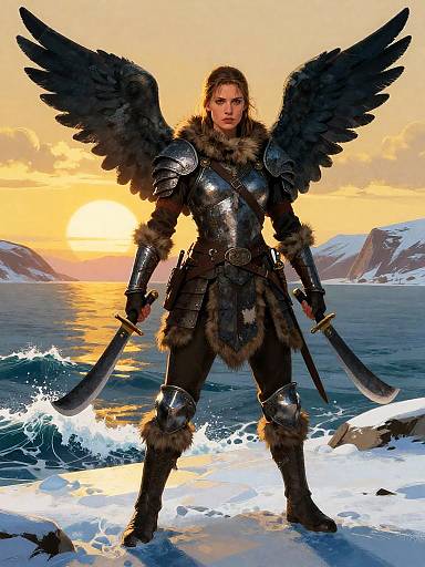 Wing-Helmed Heroine on Icy Shoreline