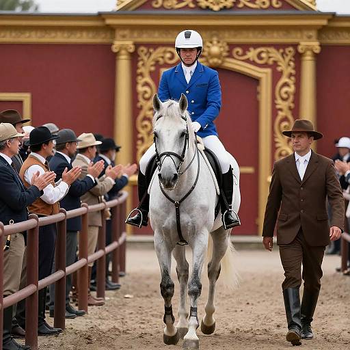 Man in Blue Equestrian Outfit Riding White Horse
