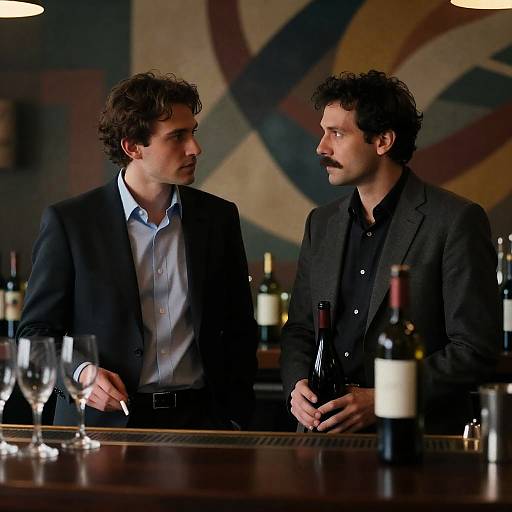 Two men conversing at bar with wine