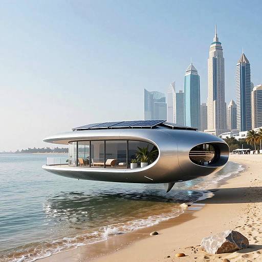 Photograph of futuristic, floating, silver beach house with circular windows, beside clear turquoise water, with modern skyscrapers in the background.