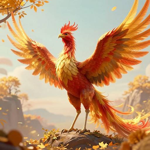 Digital art of a majestic, red and orange phoenix with outstretched wings, standing on a rock in a sunlit, autumn forest.