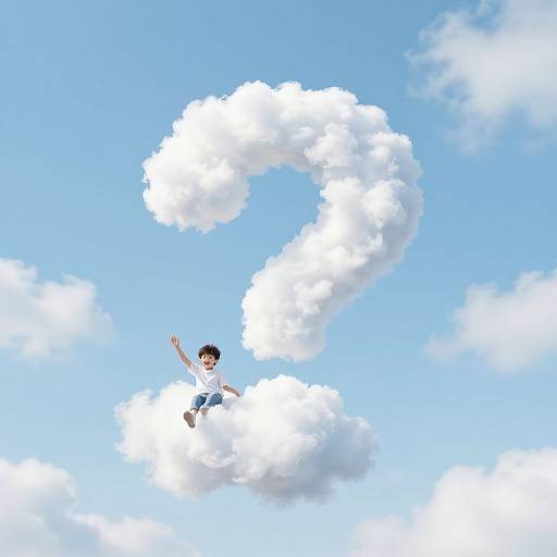 Digital illustration of a young boy with short black hair, white shirt, and blue jeans, flying on a large, fluffy white cloud shaped like the letter
