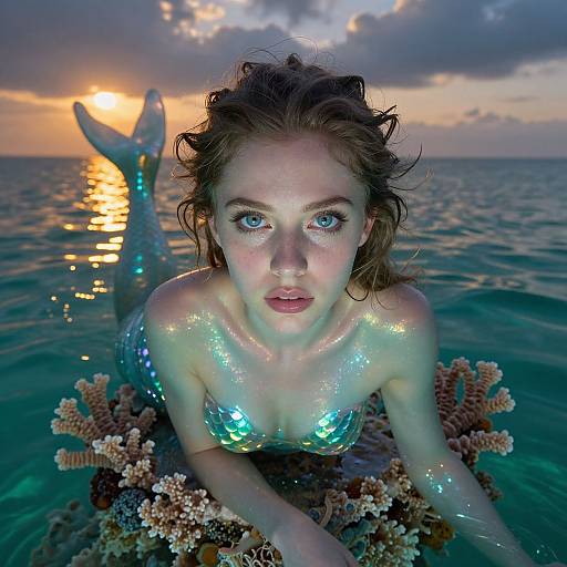 Photograph of a young woman with blue eyes and wet, wavy hair, posing as a mermaid in the ocean at sunset, wearing shiny,