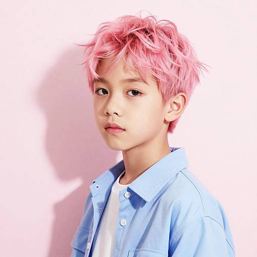 Photograph of a young Asian boy with pink, tousled hair, wearing a light blue button-up shirt, against a white background.