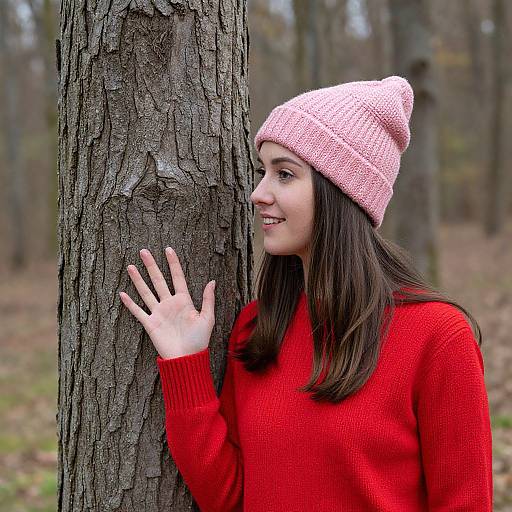 Photograph of a smiling young woman with fair skin, wearing a pink knit beanie and red sweater, waving at a tree in a wooded, autumn