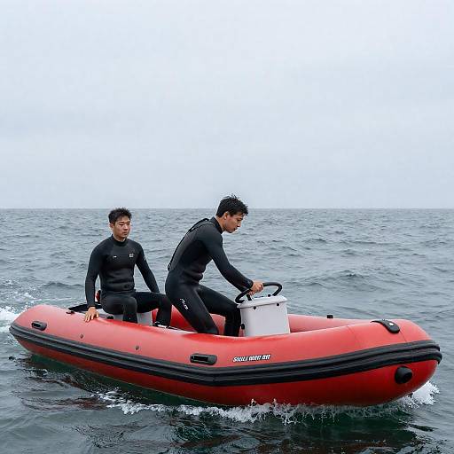 Two Men in Red Inflatable Boat