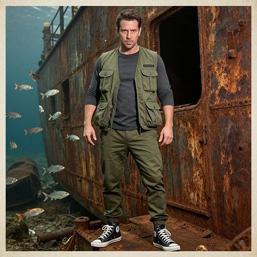 Photograph of a rugged man with short brown hair, green vest, black shirt, olive pants, and black sneakers, standing on rusty underwater ship,