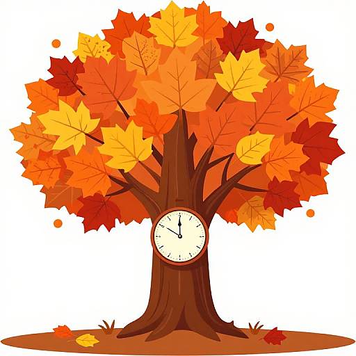 Digital illustration of a vibrant autumn tree with orange, red, and yellow leaves, featuring a white clock face on the trunk.