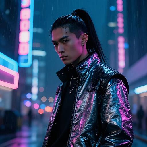 Neon-lit cyberpunk city at night; rainy, serious young woman with long black ponytail, wearing shiny black and purple reflective jacket, standing