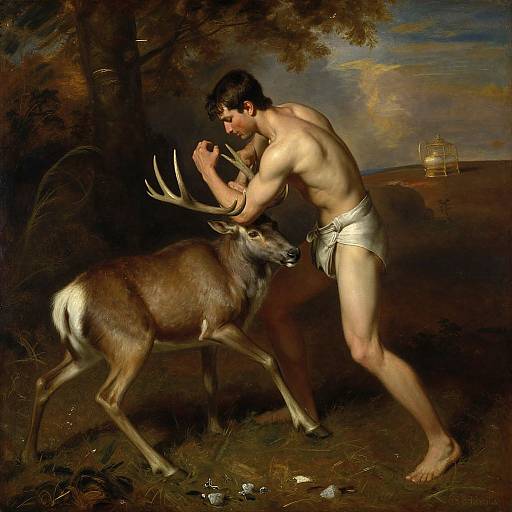 Neoclassical painting of a muscular, shirtless man with brown hair, wearing a white loincloth, wrestling a deer with large antlers