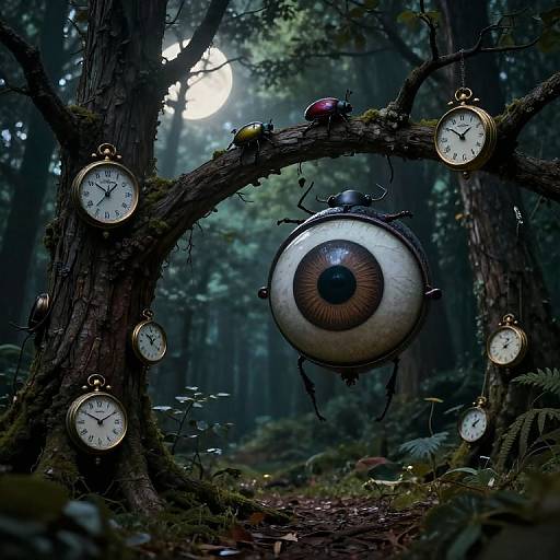 Photograph of a surreal forest scene with a tree arching over, adorned with clock faces and a giant eye clock centered, surrounded by insects and moss