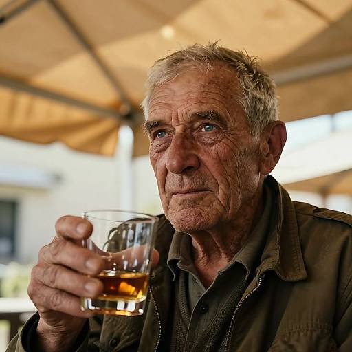 Photograph of an elderly white man with gray hair, wrinkled face, blue eyes, holding a glass of amber liquid, wearing a dark jacket under