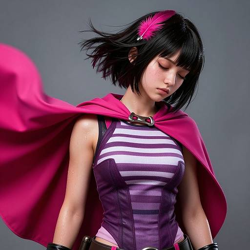Fuchsia Superhero Girl with Feather Hairstyle
