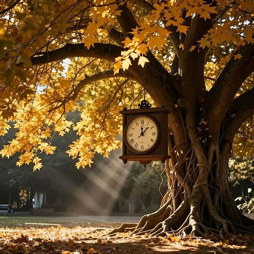 Photograph of a vintage clock hanging from a large, leafy tree with golden autumn leaves, sunlight filtering through, casting warm light and shadows on the