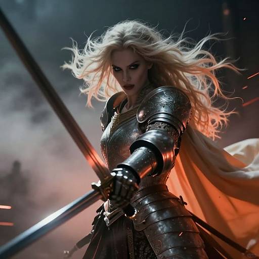 Digital art of a fierce, blonde warrior woman in silver armor, holding a glowing sword, with a fiery orange cape, in a smoky, battle