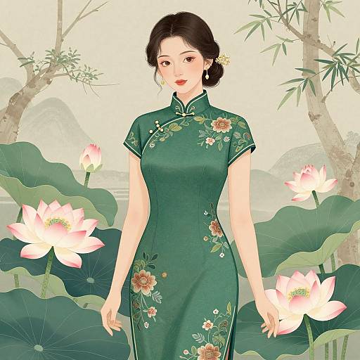 Woman in Traditional Green Cheongsam