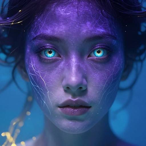 Digital portrait of a young woman with glowing blue eyes, illuminated by purple light, with cracked, textured skin and dark, curly hair against a blue background