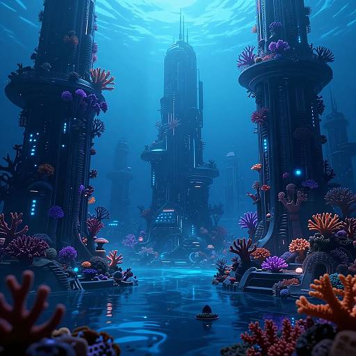 Digital art of a futuristic underwater city with glowing blue light, towering structures, vibrant coral, and illuminated aquatic plants.