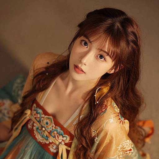 Photograph of a young Asian woman with long, wavy brown hair and bangs, wearing a colorful, ornate kimono-style dress, looking