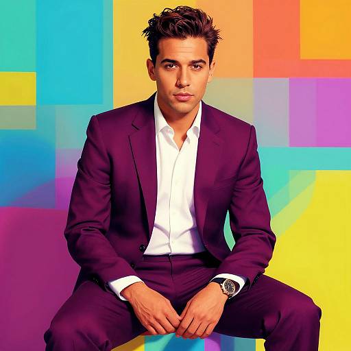 Photograph of a handsome, dark-haired man in a black suit and white shirt, sitting against a vibrant, multicolored geometric background.