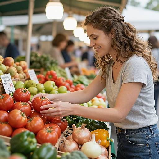 Photograph of a smiling young woman with curly brown hair, wearing a white shirt and blue jeans, selecting ripe red tomatoes at a vibrant farmers' market