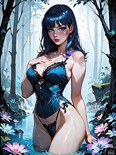 Dark Fantasy Woman in Velvet Lingerie in Mystic Forest