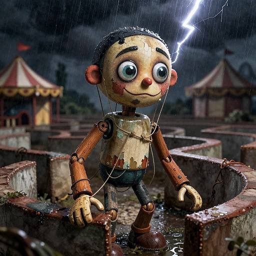 Weathered Marionette in Abandoned Carnival Maze