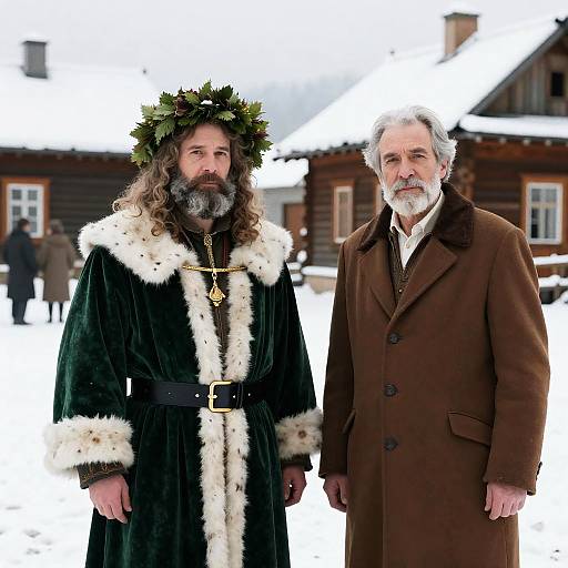 Elderly Men in Snowy Rustic Setting