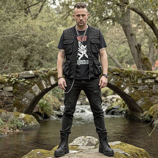 Photograph of a tattooed, short-haired man in black punk attire standing on a mossy rock by a forest stream, with a moss-covered stone