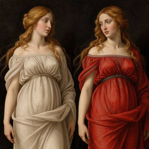 Digital painting of two pregnant women with long red hair, one in a beige off-shoulder dress, the other in red, against a black background