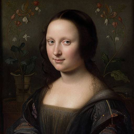 Renaissance-style portrait of a fair-skinned woman with dark brown hair, wearing a black dress, set against a dark background with floral motifs.