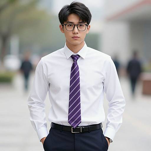 Photograph of an Asian man with black hair, glasses, white shirt, purple striped tie, black pants, standing confidently outdoors. Blurred background with