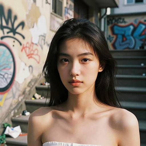 Photograph of an Asian woman with long black hair, bare shoulders, and a neutral expression, standing in front of a graffiti-covered urban building.